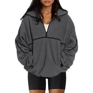 Women's Grey Half Zip Pullover Sweatshirt Sherpa Fleece Jacket Oversized